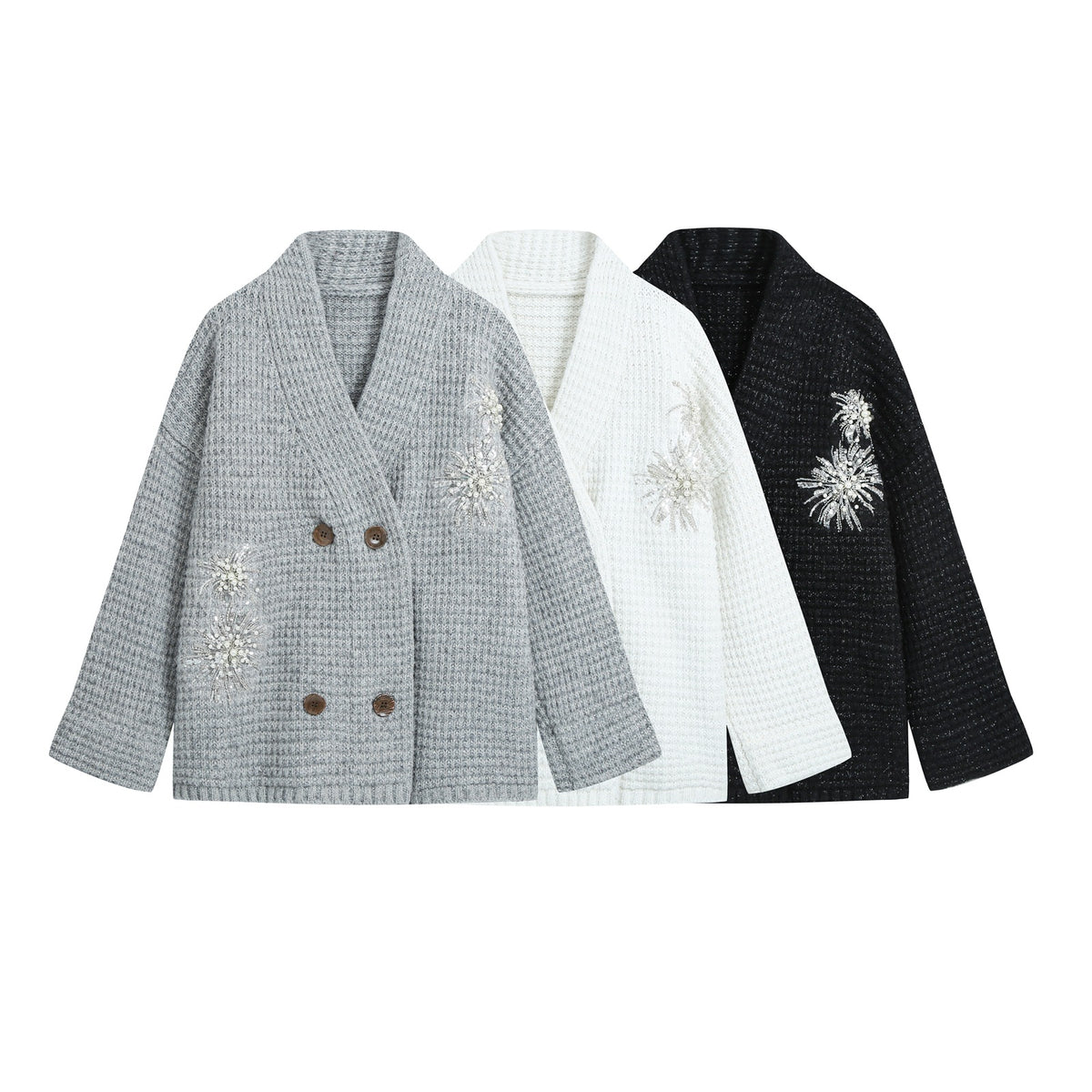 Women Chunky Knit Double-Breasted Cardigan Coat with Shawl Collar and Pearl Sequin Application EVA-US