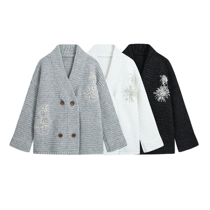 Women Chunky Knit Double-Breasted Cardigan Coat with Shawl Collar and Pearl Sequin Application EVA-US
