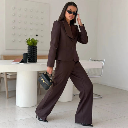 Women Tailored Blazer with Oversized Shawl Collar and High-Waisted Wide Leg Pants EVA-US