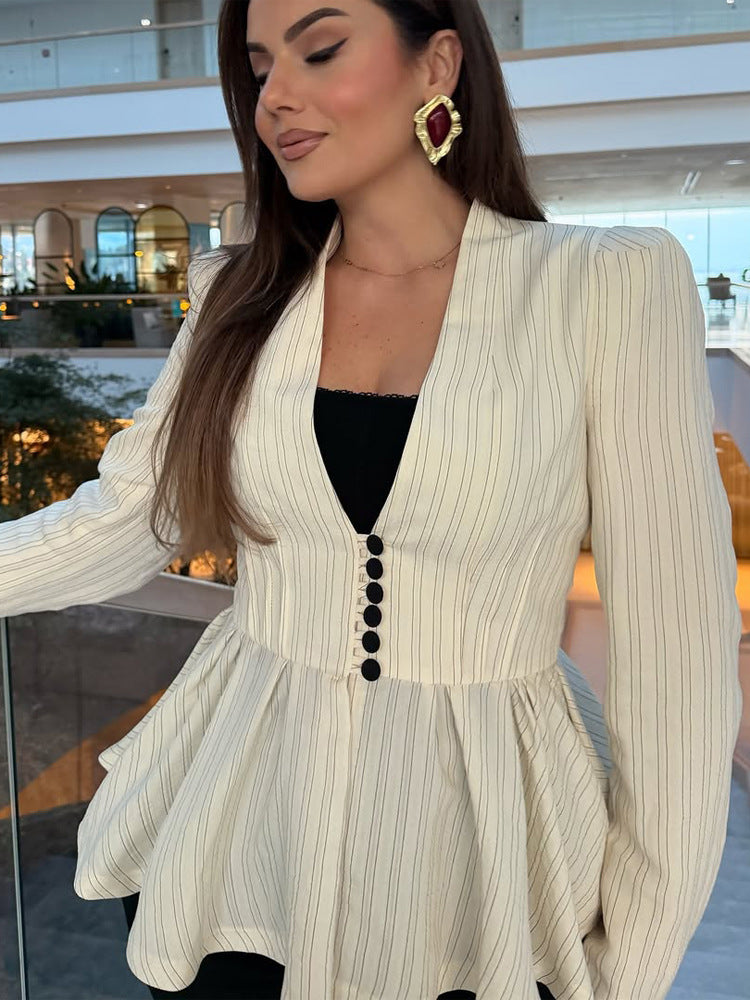 Women's Tailored Peplum Blazer with V-Neck and Decorative Button Placket EVA-US