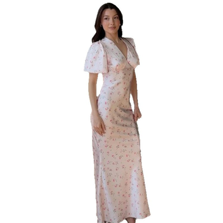 Women’s maxi dress with floral satin look, tailored silhouette and short puff sleeves EVA-US