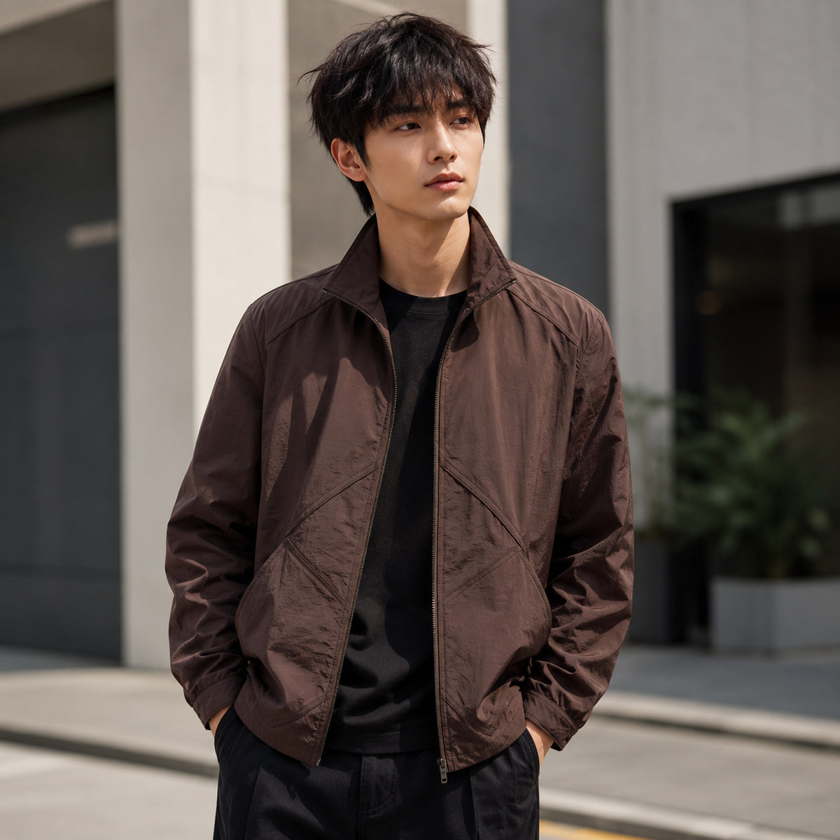 Men's Lightweight Windbreaker Outdoor Jacket with Stand Collar, Two-way Zipper and Concealed Pockets EVA-US