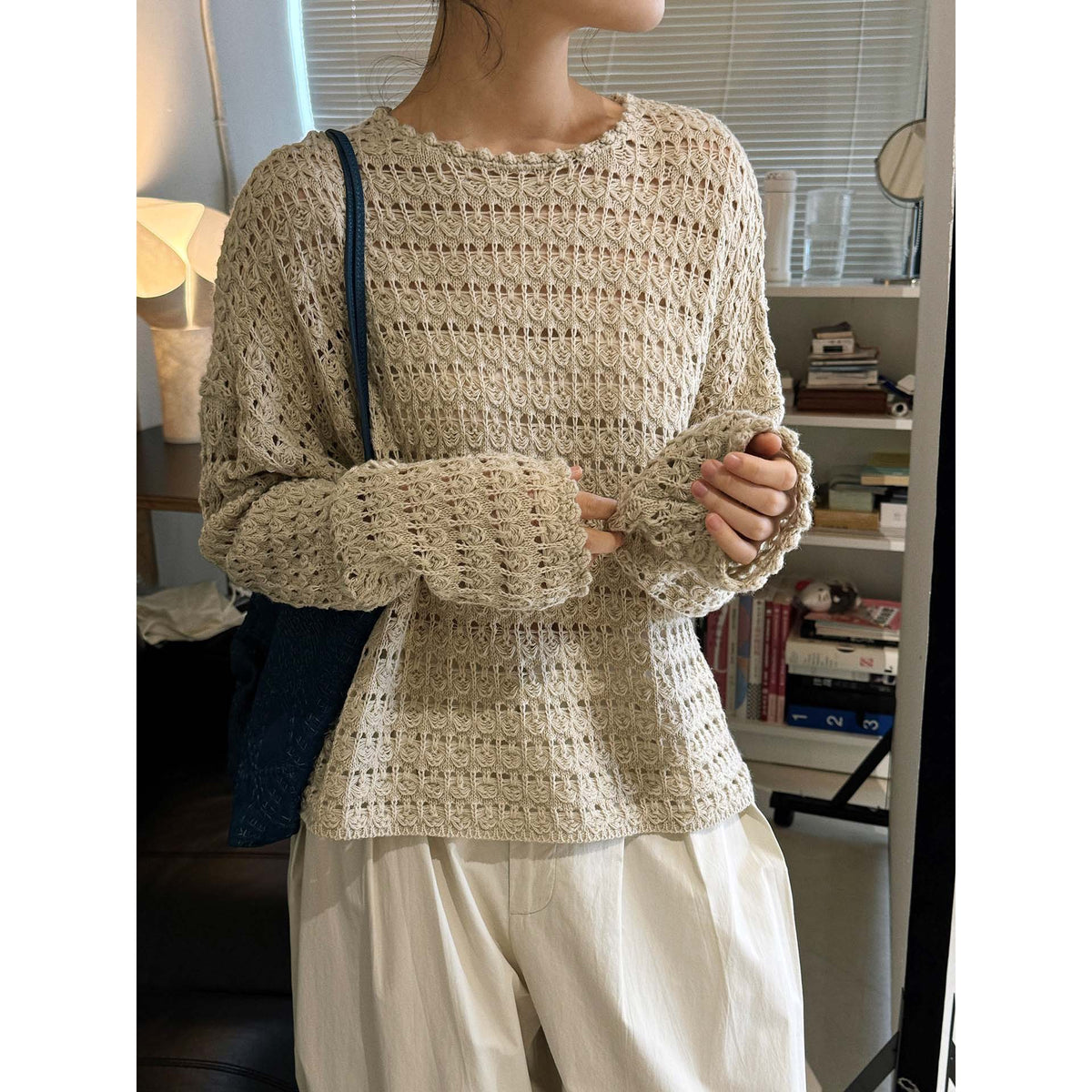 Women's Crocheted Oversized Openwork Sweater with Boat Neck EVA-US