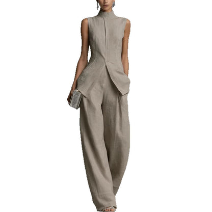 Women's Suit with Stand Collar and Wide Legs – Sleeveless Top & Marlene Pants