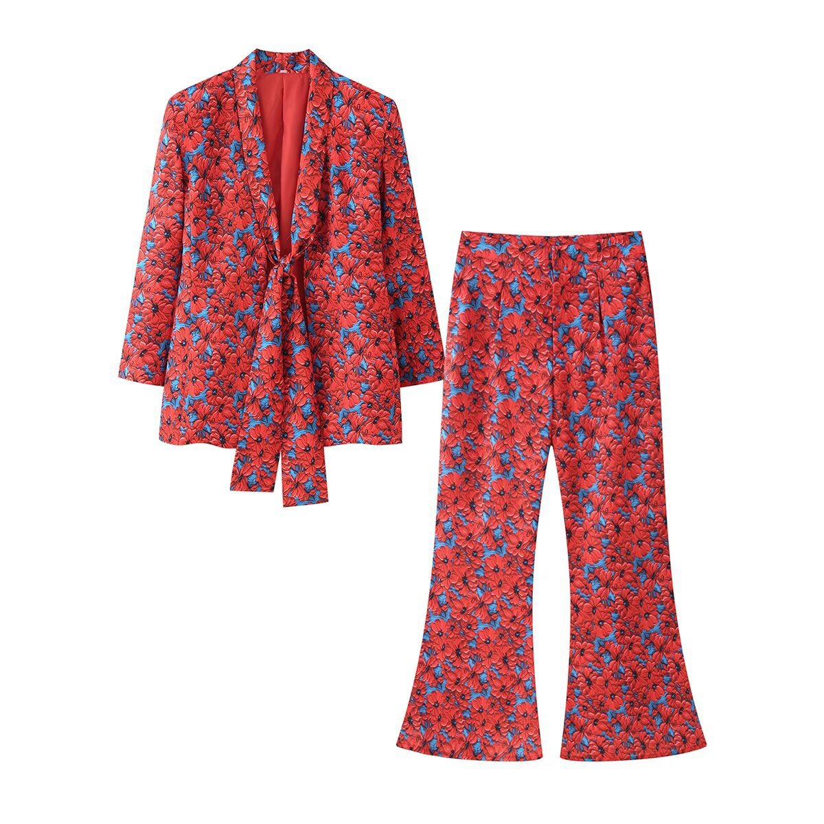Women's Two-Piece Blazer and Flared Pants Set with Knot Detail EVA-US