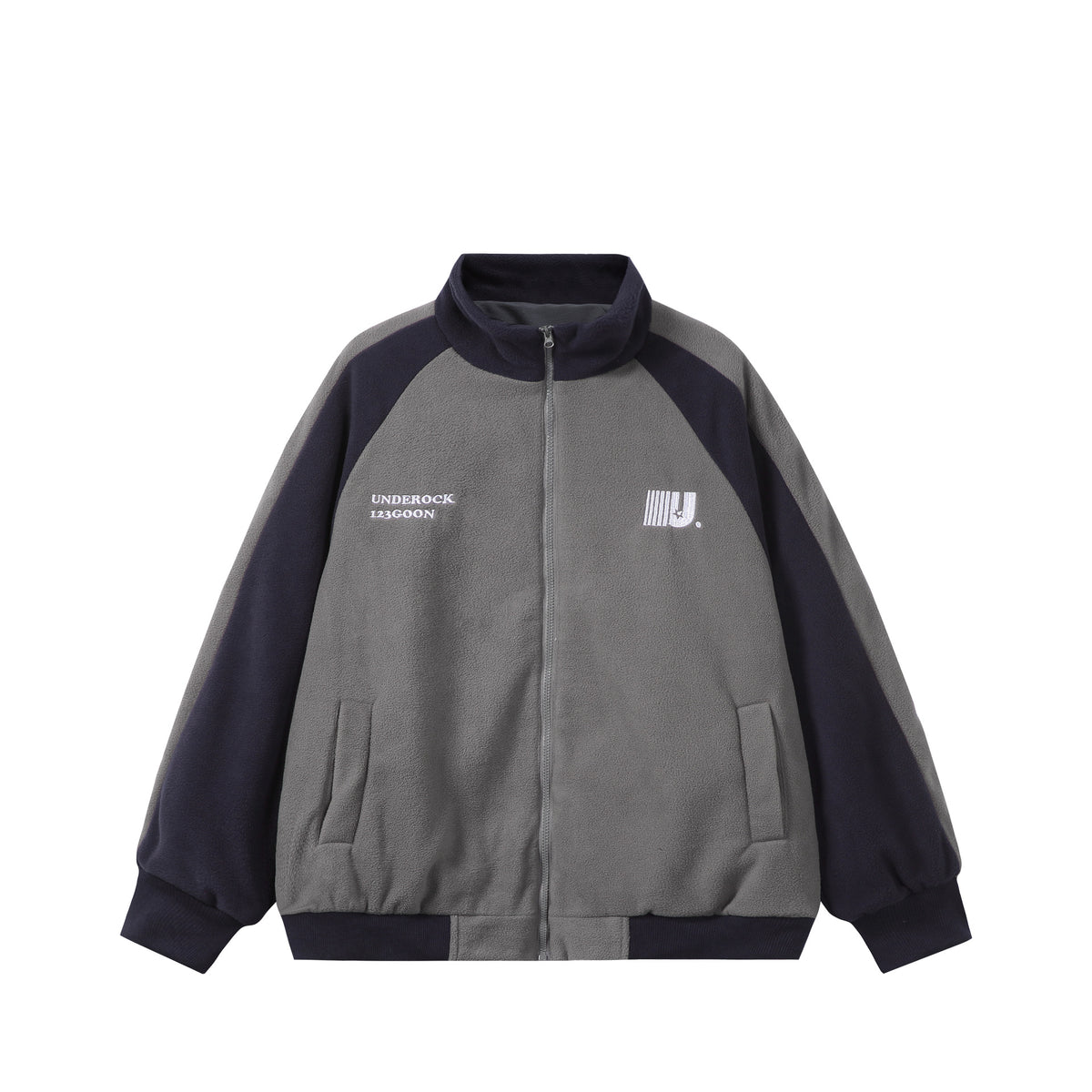 Unisex Boxy Fleece Jacket with Front Zipper, Stand Collar and Flap Pockets EVA-US
