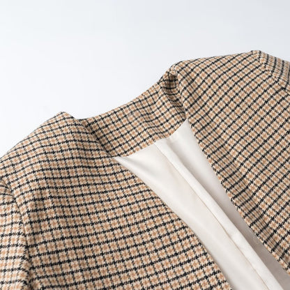 Ladies Two-Piece Tweed Ensemble with Collarless Cropped Blazer and A-Line Mini Skirt EVA-US