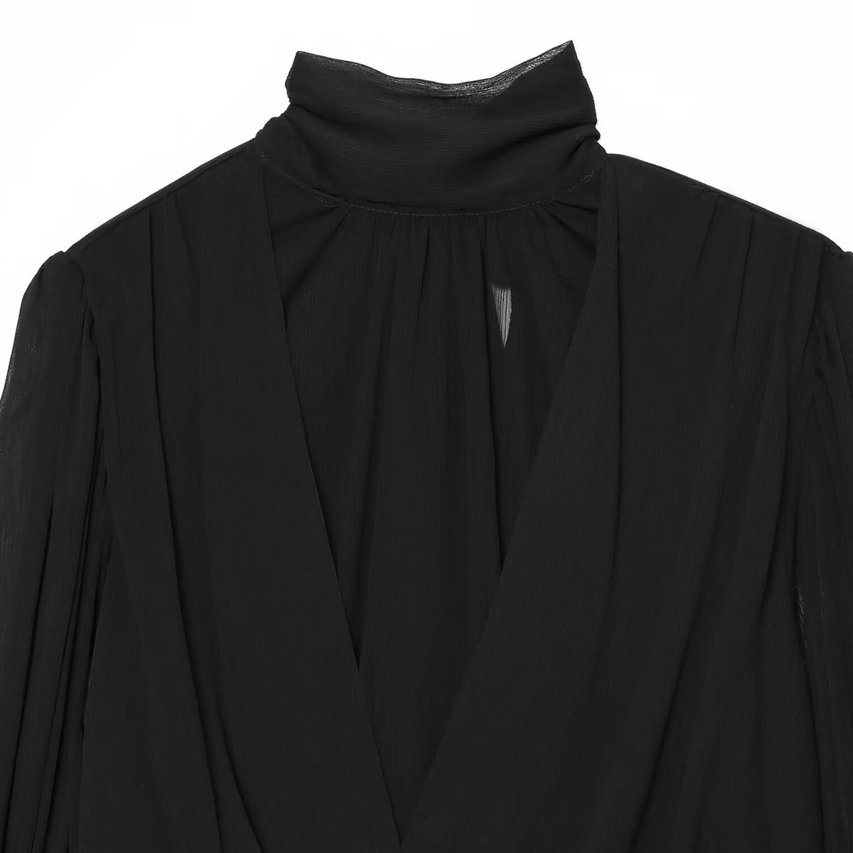 Women's chiffon blouse with tie, standing collar, and gathered balloon sleeves EVA-US