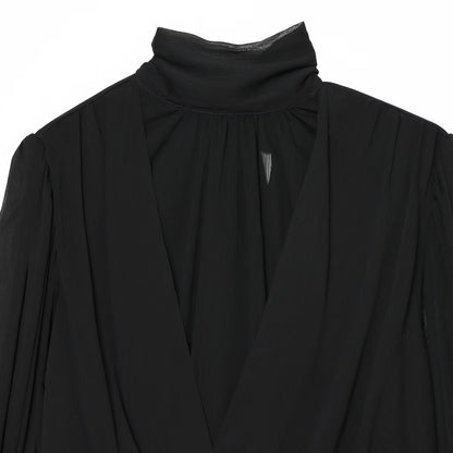 Women's chiffon blouse with tie, standing collar, and gathered balloon sleeves EVA-US