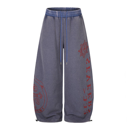 Women's Wide Mid-Calf Palazzo Sweatpants with Adjustable Hem, Drawstring Waistband, and Statement Print