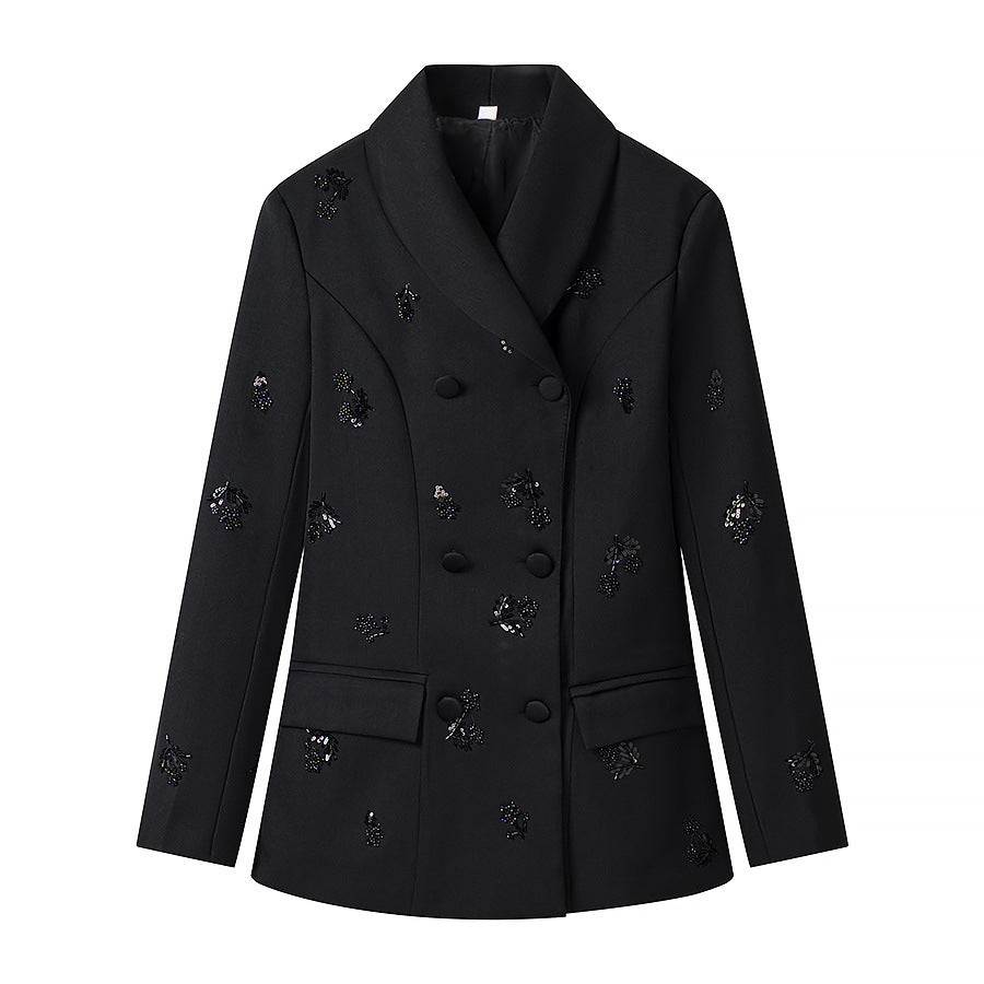 Women's Double-Breasted Blazer with Sequin Flowers and Shawl Collar EVA-US