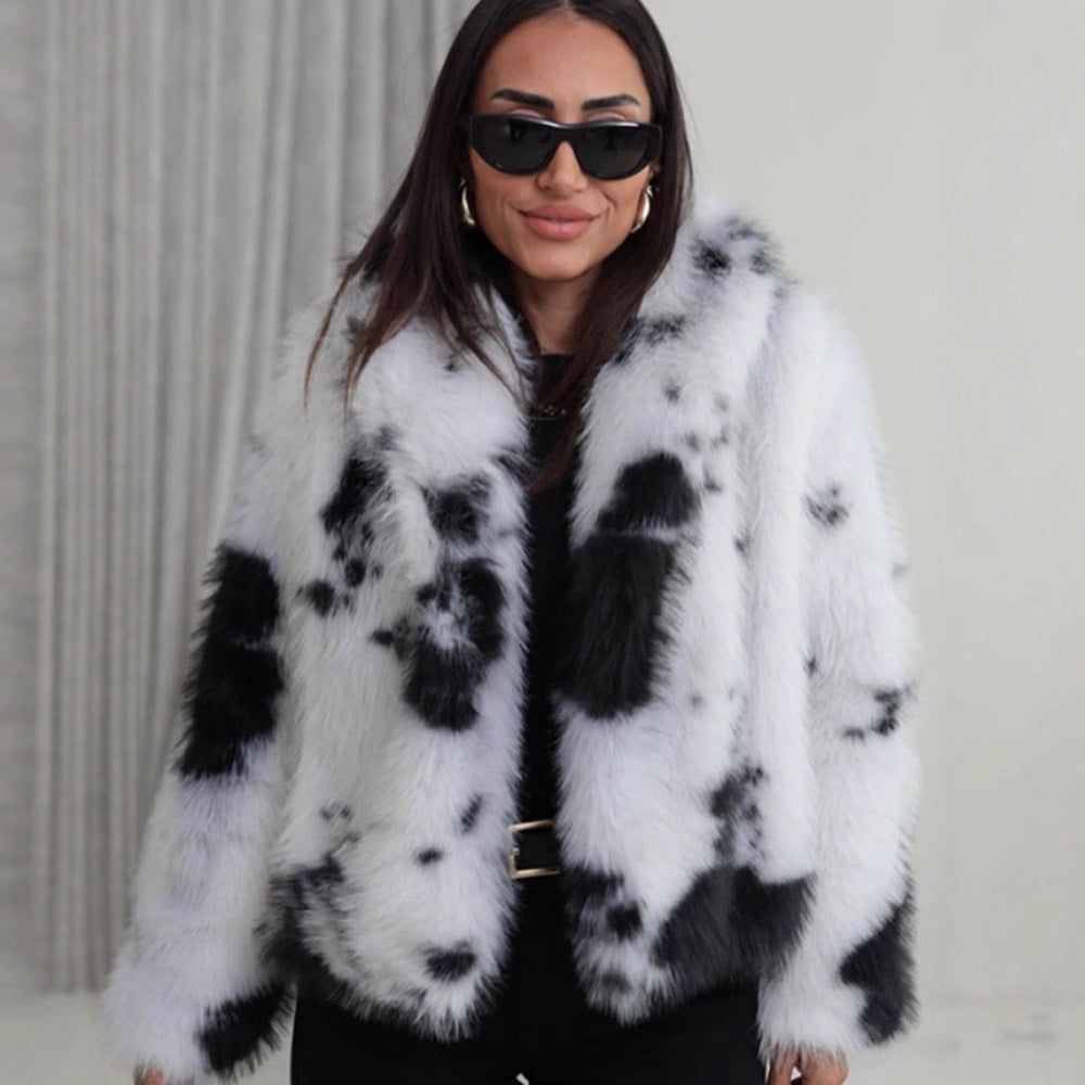 Women's Short Cut Faux Fur Bomber with Spot Pattern EVA-US