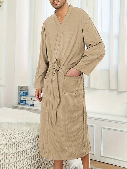 Men's lightweight cotton kimono bathrobe with waffle texture and patch pockets EVA-US