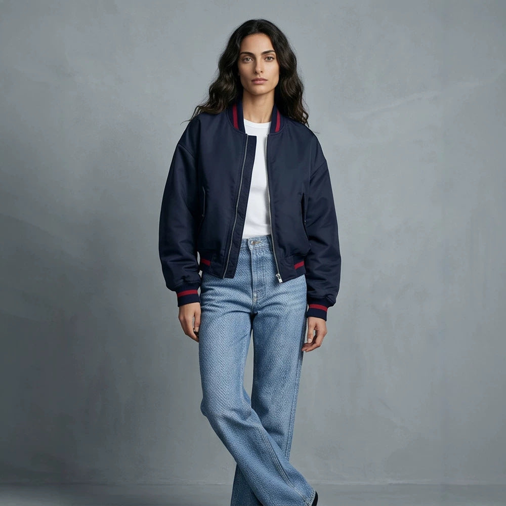Women's Short Cut Oversized Bomber Jacket with Voluminous Sleeves and Ribbed Cuffs EVA-US