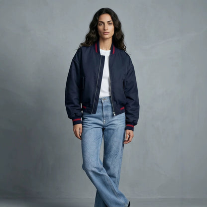 Women's Short Cut Oversized Bomber Jacket with Voluminous Sleeves and Ribbed Cuffs EVA-US