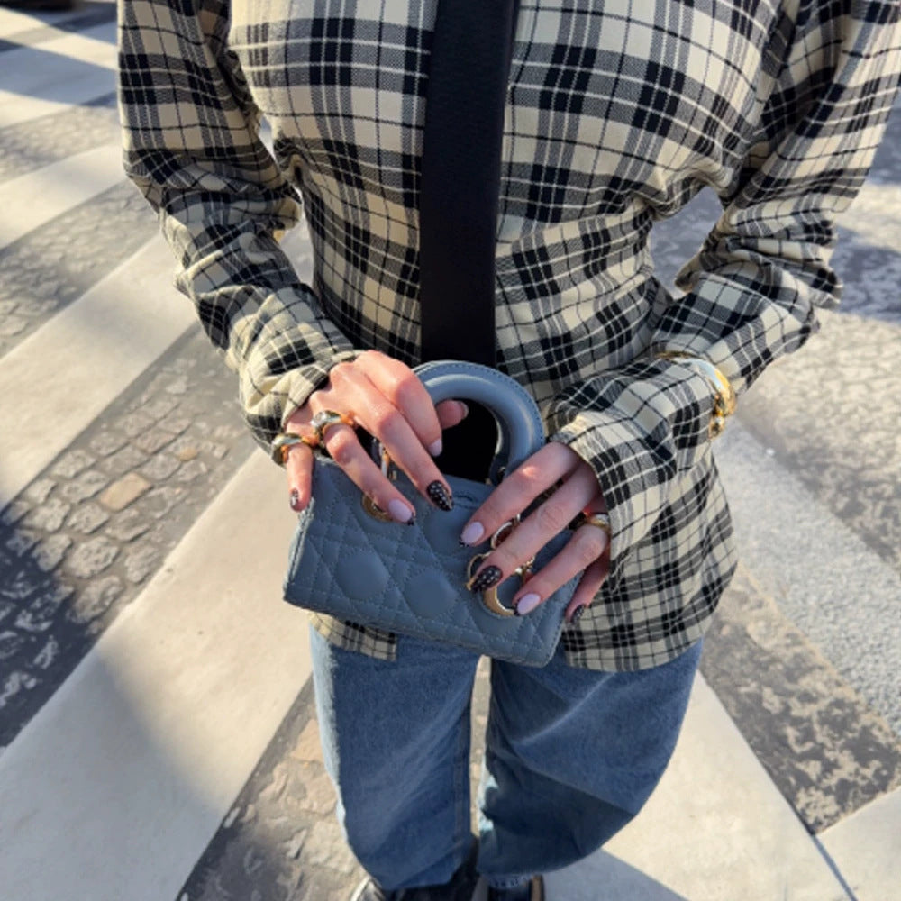 Women Check Shirt Jacket with Emphasized Shoulders and Oversized Cut EVA-US