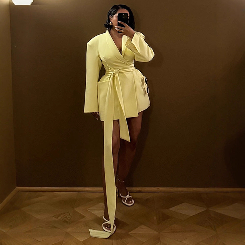 Women's Tailored Blazer Dress with Draped Tie Belt and Structured Shoulders EVA-US