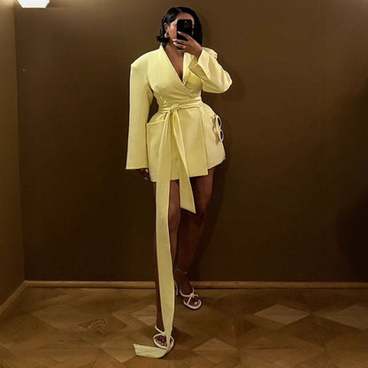 Women's Tailored Blazer Dress with Draped Tie Belt and Structured Shoulders EVA-US