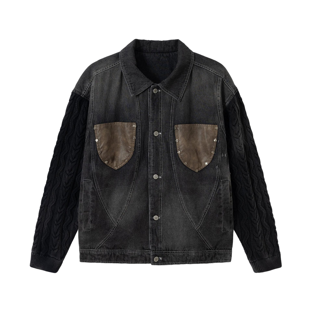 Men's denim jacket with applied leather chest pockets and cable knit sleeves EVA-US