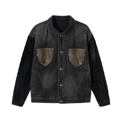 Men's denim jacket with applied leather chest pockets and cable knit sleeves EVA-US