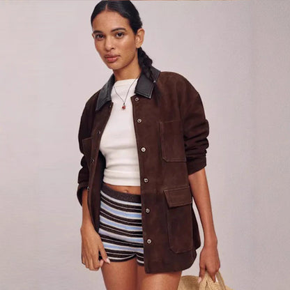 Women’s Oversized Utility Jacket in Suede-look with Contrast Collar & Flap Pockets EVA-US