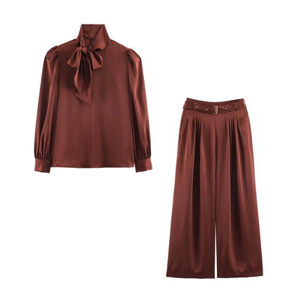 Ladies Two-Piece Satin Set with Bow Blouse and Pleated Culotte EVA-US