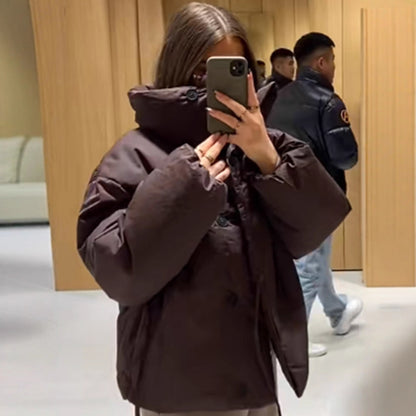 Women Short Padded Oversized Puffer Jacket with Hood and Tie Belt EVA-US