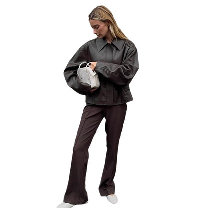 Ladies Cropped Boxy Jacket made of faux leather with oversized collar and concealed zipper placket EVA-US