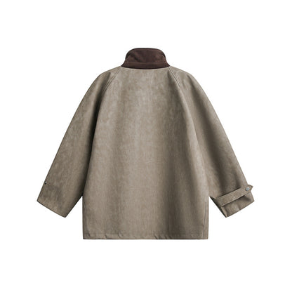 Unisex Short Cut Boxy Velour Utility Jacket with Stand-Up Collar and Flap Pockets EVA-US