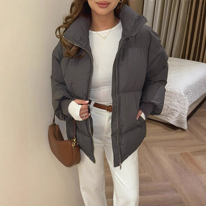 Women Short Tailored Puffer Jacket with Ribbed Cuffs and High Stand-Up Collar EVA-US