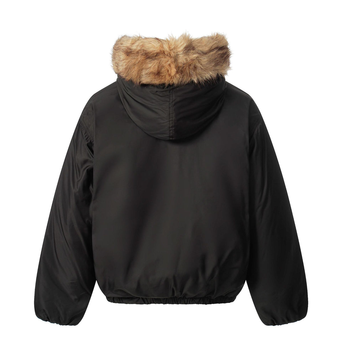 Ladies short jacket with faux fur trimmed hood and braided fur trim EVA-US