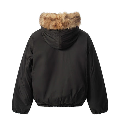 Ladies short jacket with faux fur trimmed hood and braided fur trim EVA-US