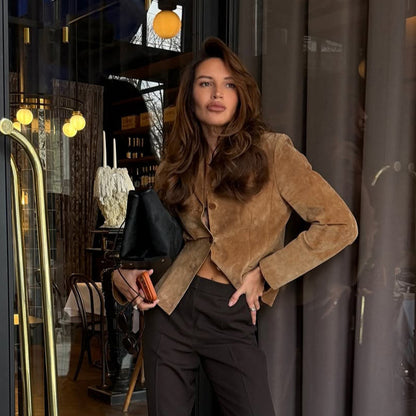 Women's Tailored Suede Blazer Jacket with Shirt Collar and Minimalist Decorative Stitches EVA-US