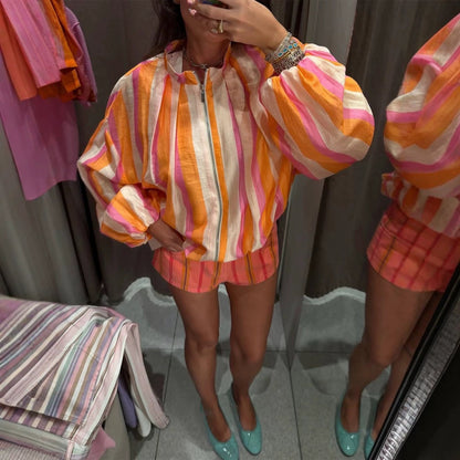 Women Striped Lightweight Bomber Jacket with Balloon Sleeves and Stand Collar EVA-US