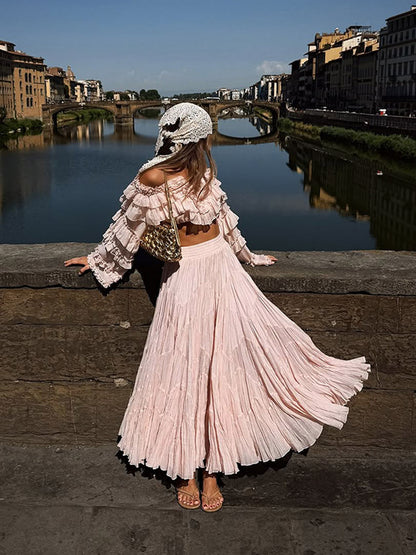 Women's Boho two-piece with crop ruffle top and pleated maxi skirt EVA-US