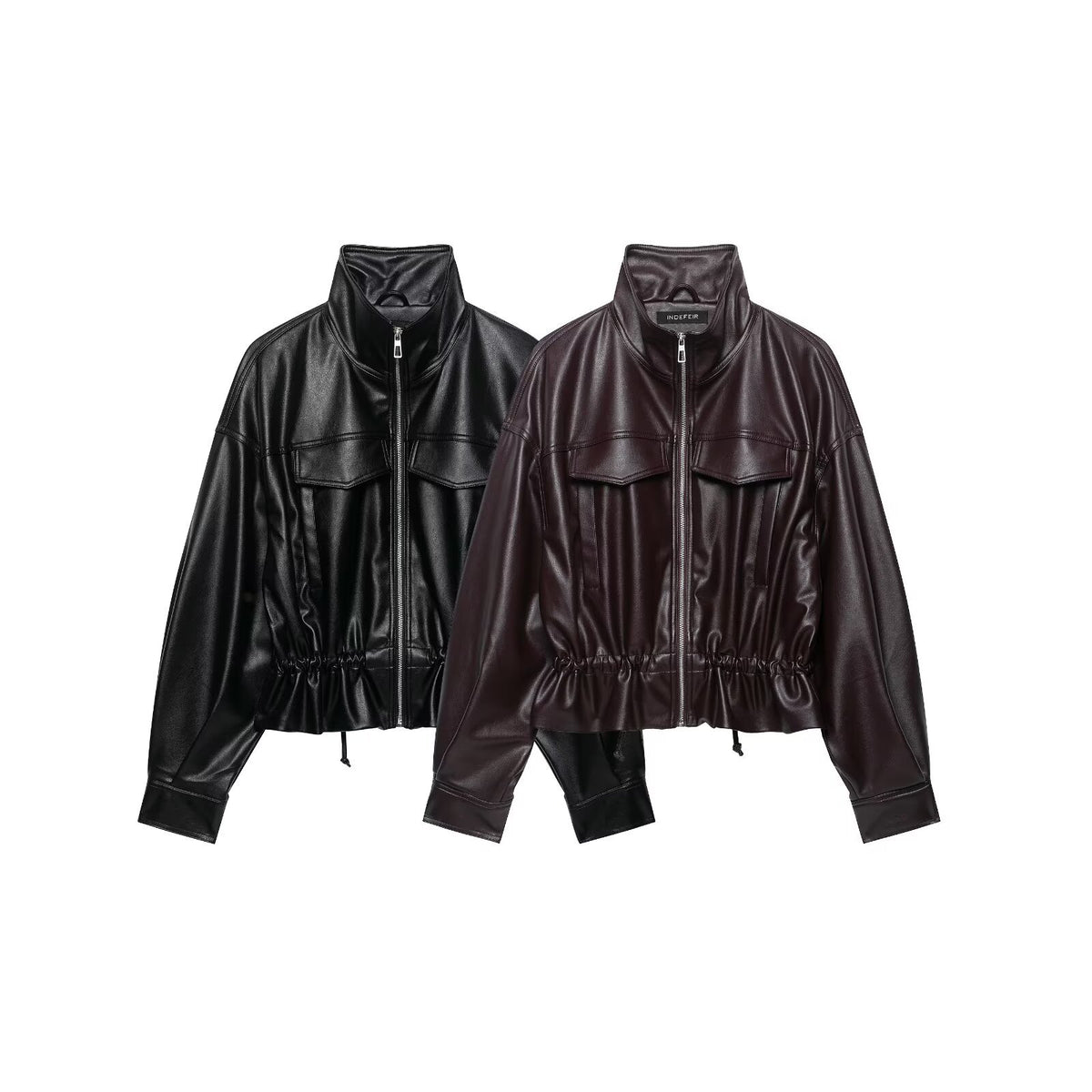Women's Oversized Faux Leather Bomber Jacket with Funnel Neck, Drawstring Waist, and Flap Pockets EVA-US