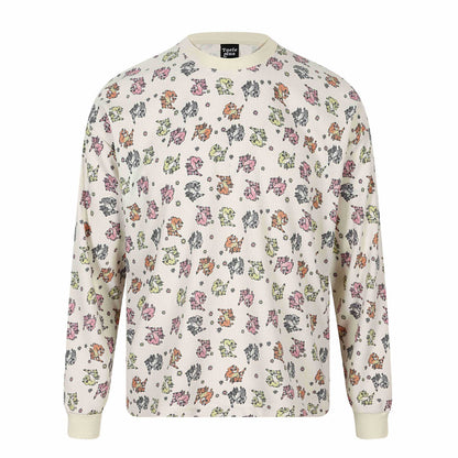 Women's waffle thermal shirt with playful allover print and ribbed round neck
