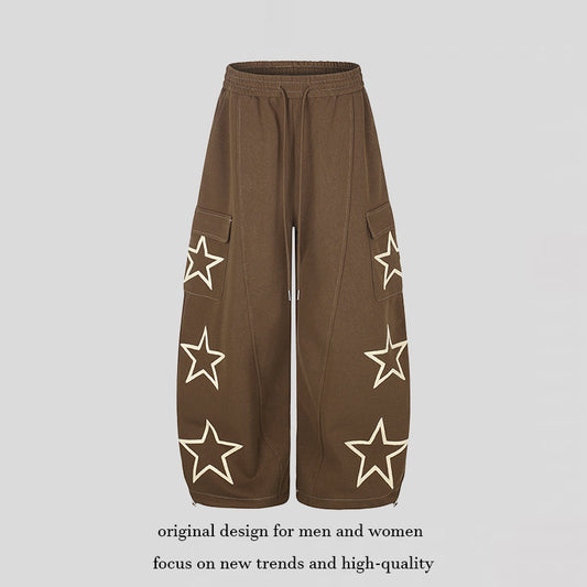 Women’s Wide Cargo Sweatpants with Star Appliqués and Drawstring Waist EVA-US