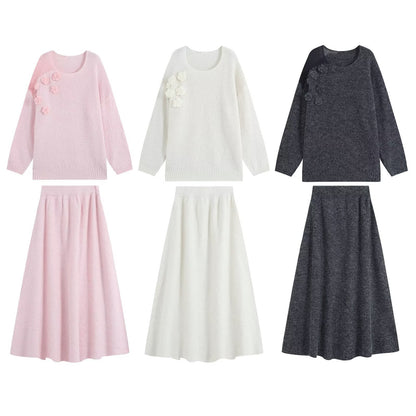 Women's knit set with cozy sweater featuring 3D flower appliqué and A-line skirt EVA-US