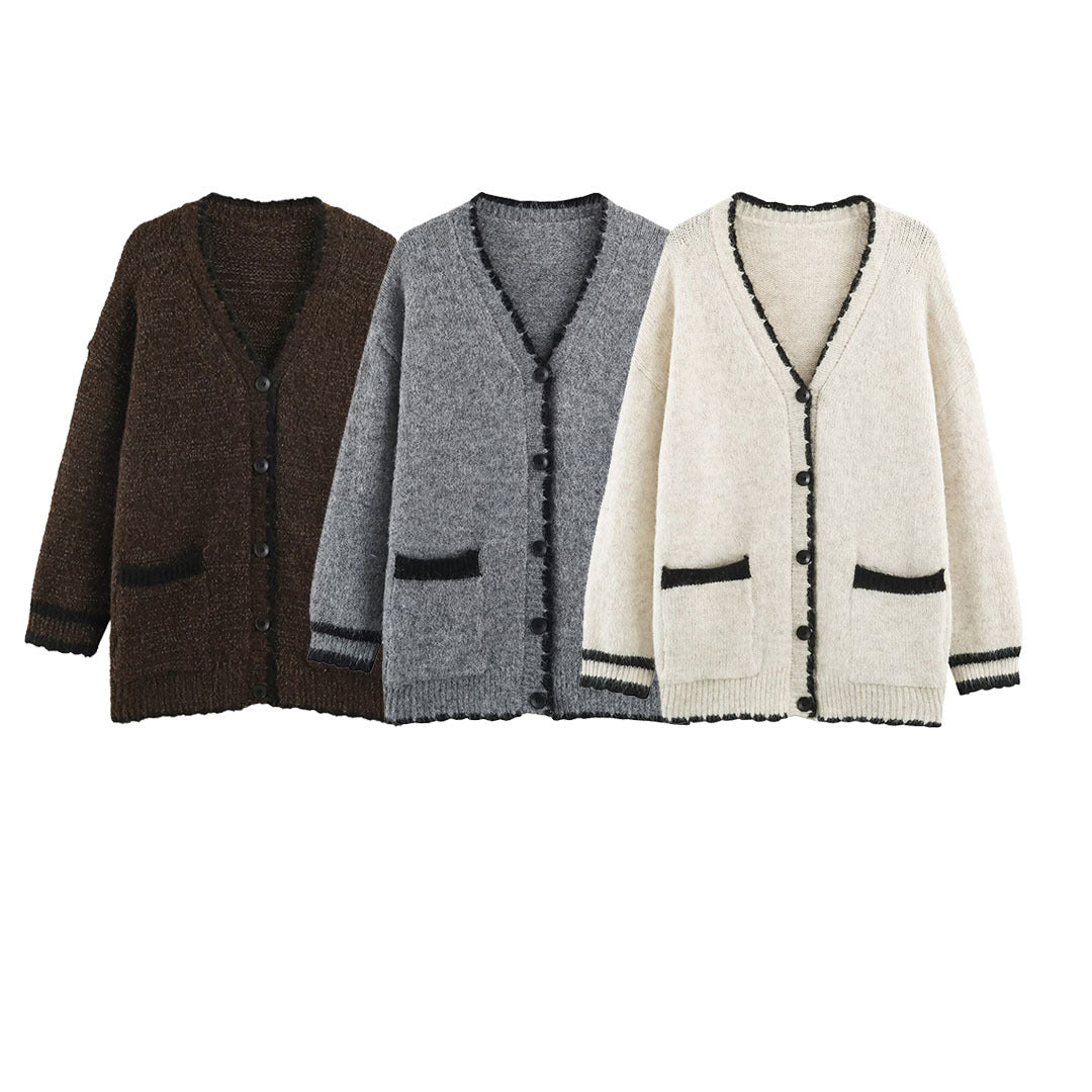 Women's Oversize Knit Cardigan with V-Neck, Button Placket and Contrasting Decorative Edges EVA-US