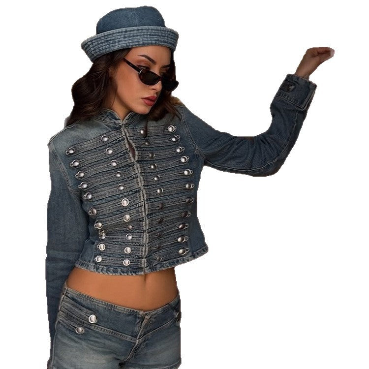 Women's short cut military-inspired denim jacket with decorative stripes and metal buttons EVA-US