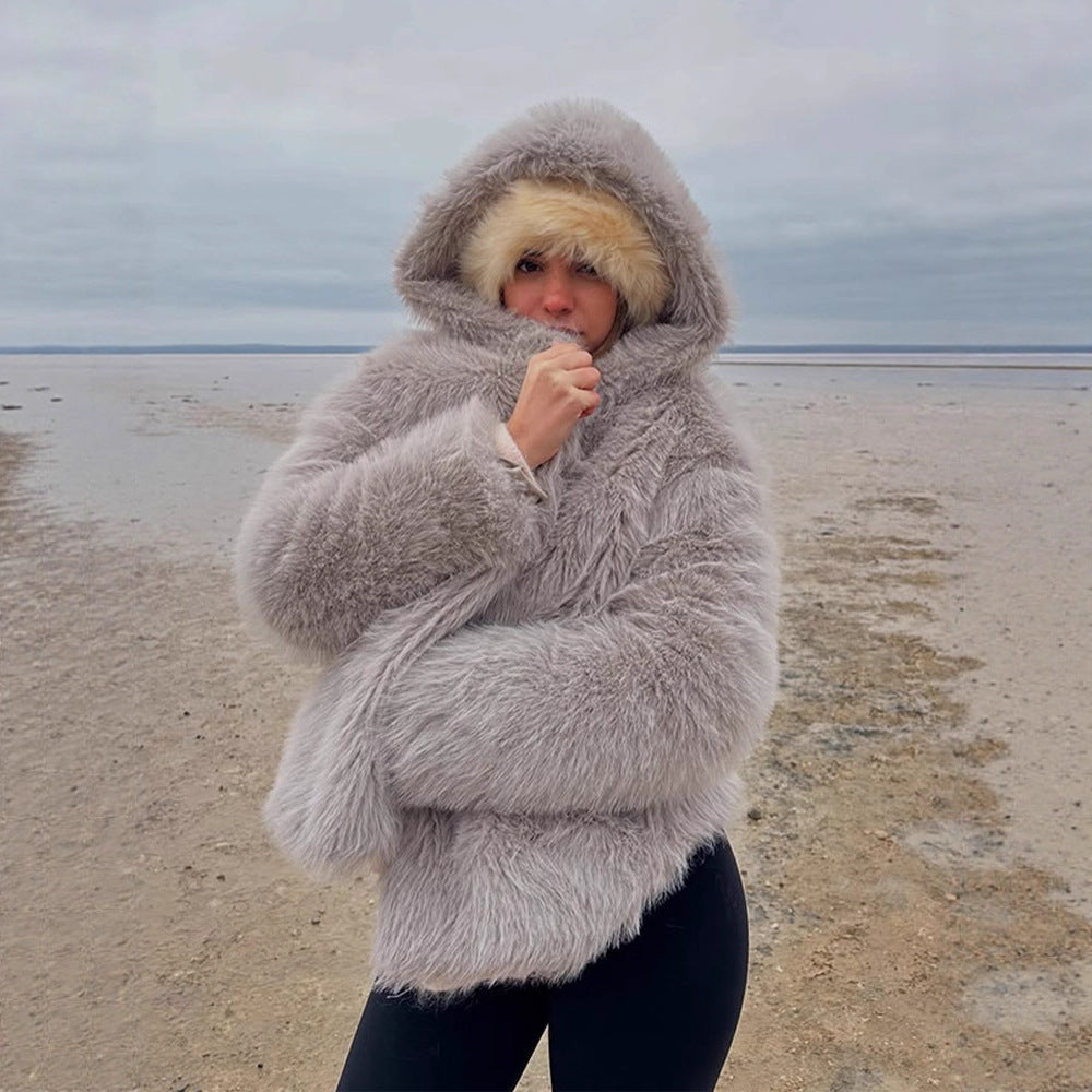 Women's Cozy Short Faux Fur Jacket with Extra Voluminous Hood EVA-US