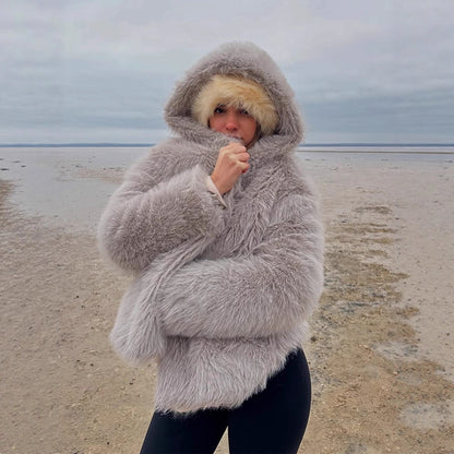 Women's Cozy Short Faux Fur Jacket with Extra Voluminous Hood EVA-US
