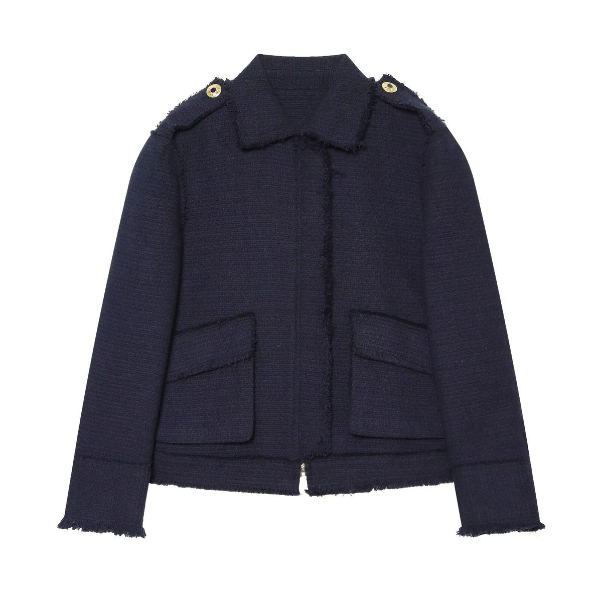Women Short Boucle Jacket with Fringe Hem, Shoulder Pads and Patch Pockets EVA-US