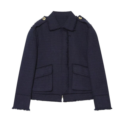 Women Short Boucle Jacket with Fringe Hem, Shoulder Pads and Patch Pockets EVA-US