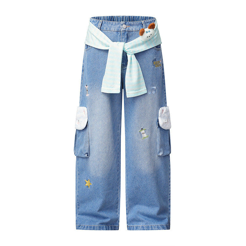 Women Wide Cargo Jeans with Plush Pockets, Embroidery and Elastic Waist EVA-US