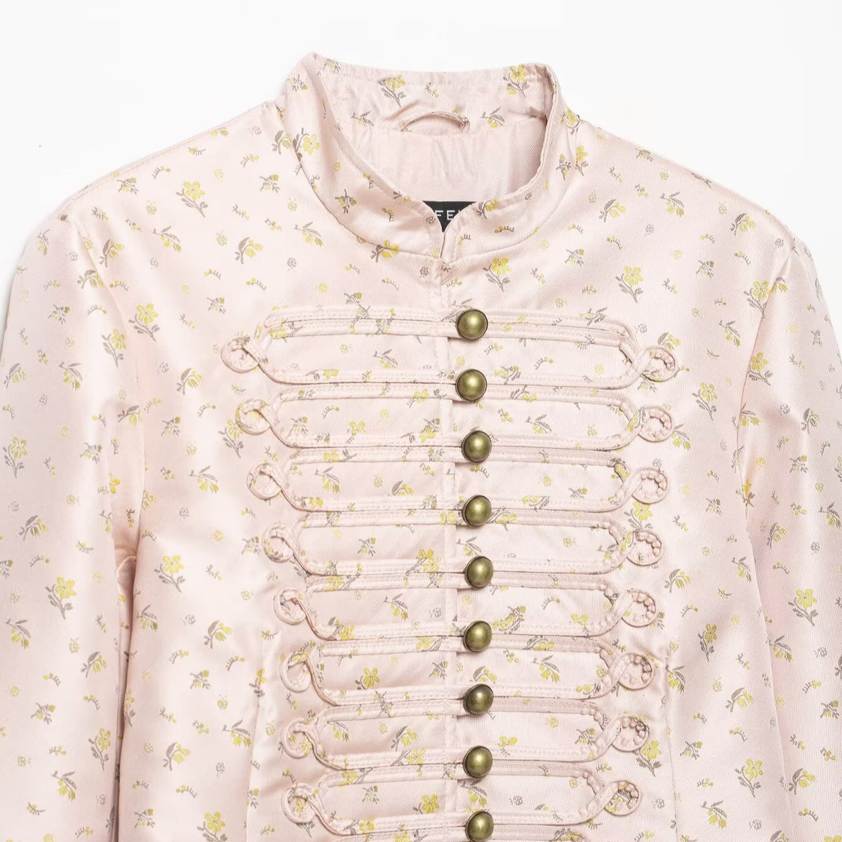 Women Cropped Satin Military Jacket with Stand-Up Collar and Decorative Frog Closure EVA-US