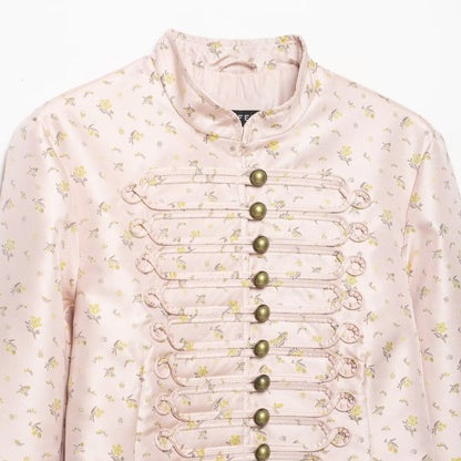 Women Cropped Satin Military Jacket with Stand-Up Collar and Decorative Frog Closure EVA-US