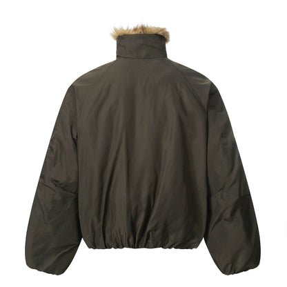 Men's short-cut boxy puffer jacket with faux fur hood and vertical zip pockets EVA-US