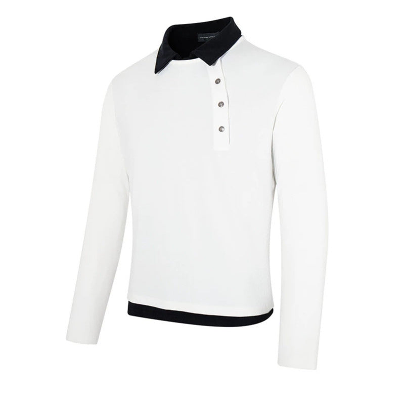 Men's long-sleeve polo shirt with asymmetrical button placket and contrasting collar EVA-US